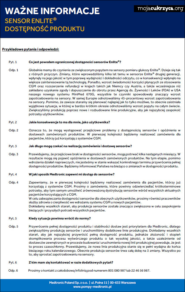 Problem z dostpnoci sensorw Enlite firmy Medtronic