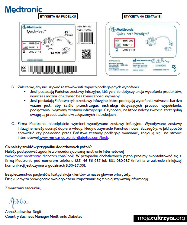 Wana informacja dot. zestaww infuzyjnych Medtronic MiniMed